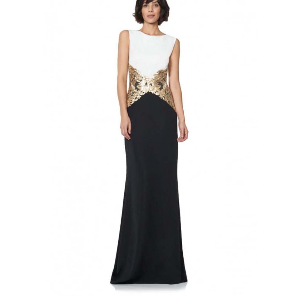 Tadashi Shoji Black and White Dress with Gold Accents